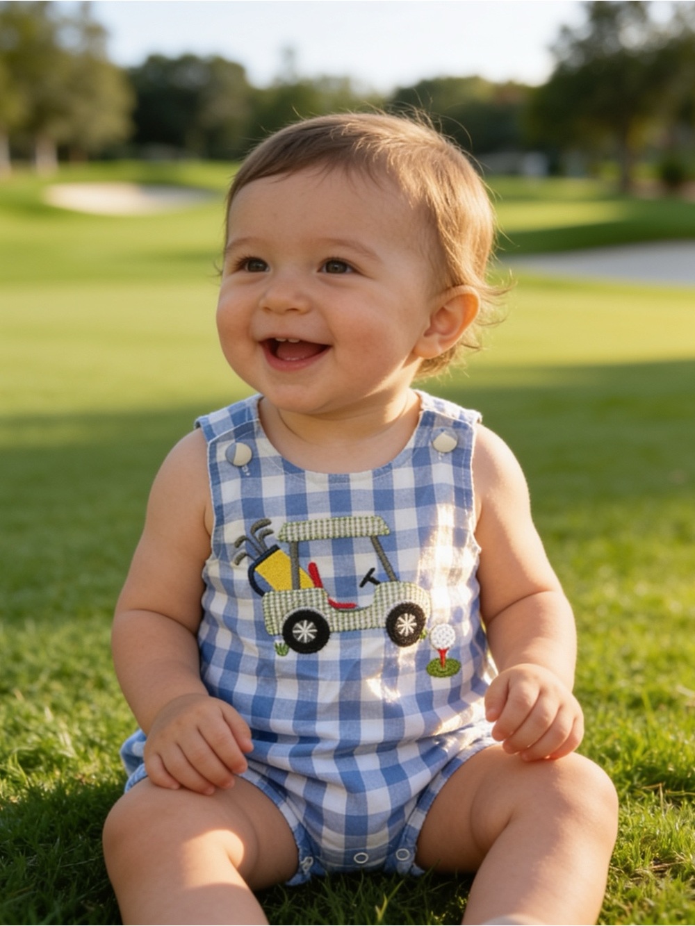 Mud Pie Blue and White Gingham Golf Cart Embroidered Romper